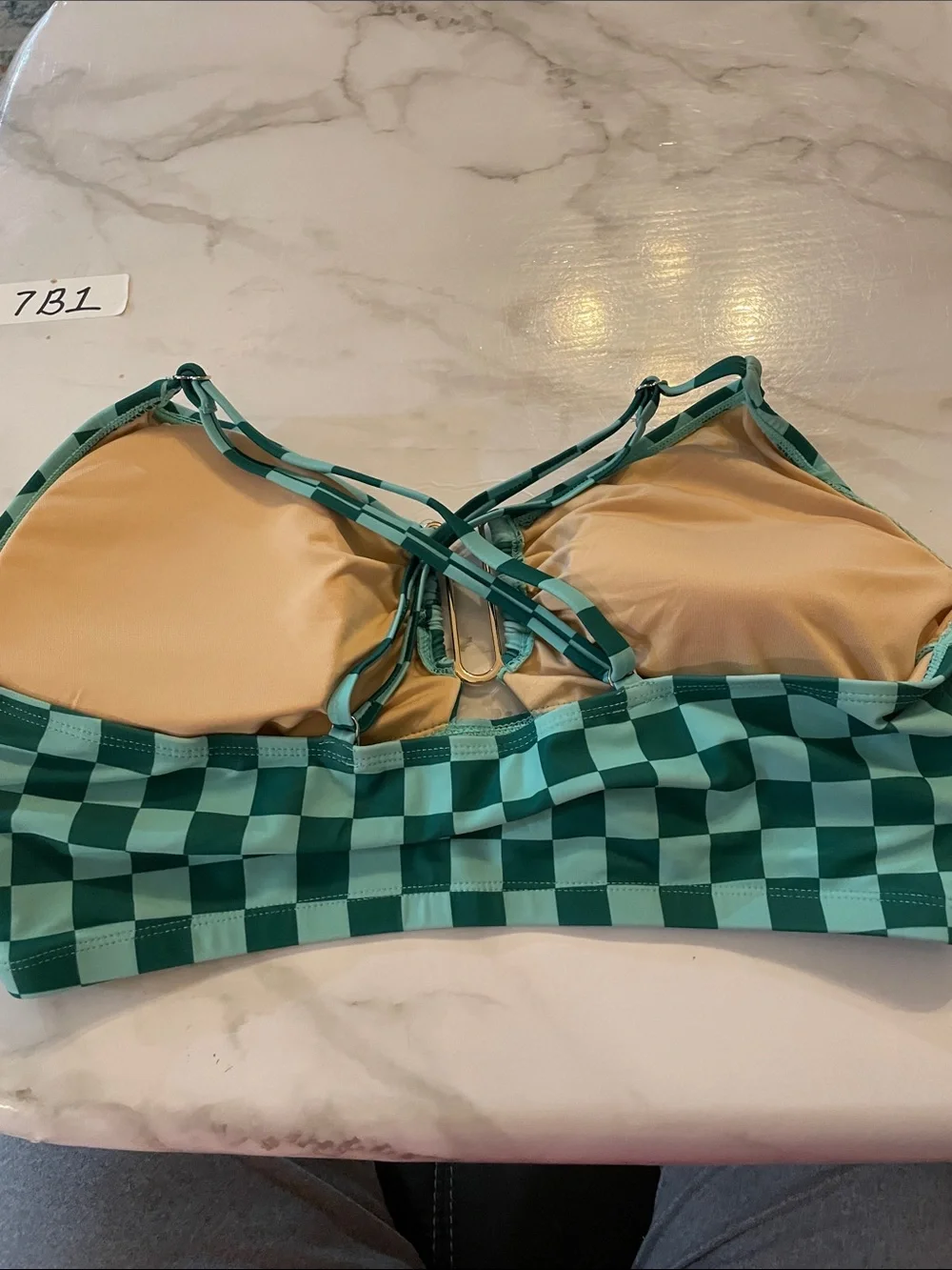Green Checkerboard Bandeau Bikini Set with Beige Lining